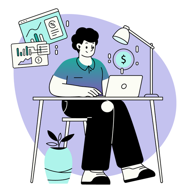 Illustration of a person at a desk with a laptop and charts